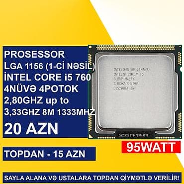 Prosessor Intel Core i5 Prosessor “LGA 1156 (1ci nəsil) İntel Core i5 760”, 4 nüvə, İşlənmiş