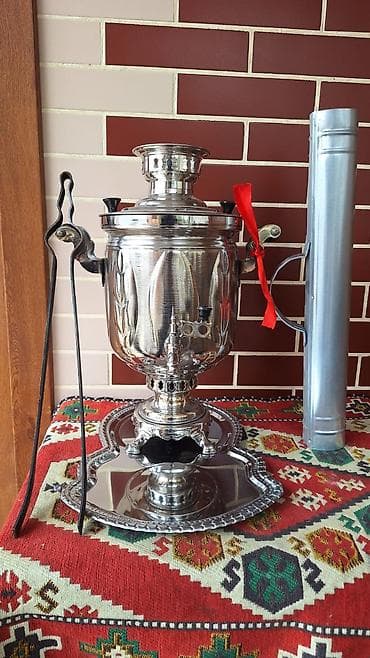 Samovarlar: Klassik kömürlə işləyən samovar dəsti - Material: cilalanmış metal — 2