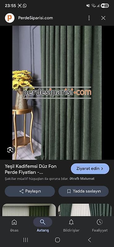 Şamdanlar: Məhsul: Yaşıl rəngli, kadifə toxumalı düz perde az istifade olunub — 1