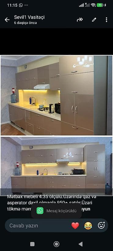 Mətbəx mebeli 4.35 ölçülü.Üzərində qaz və asperator daxil olmaqla 950₼