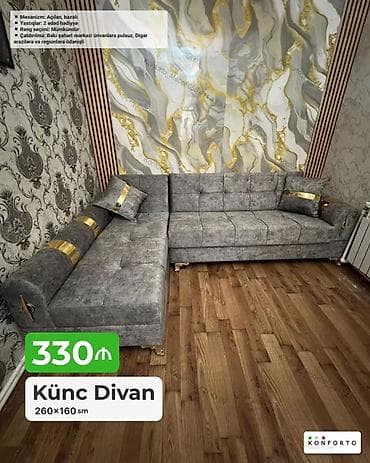 Künc divan – 260×160 sm - Mexanizm: açılan, bazalı (yataq funksiyalı