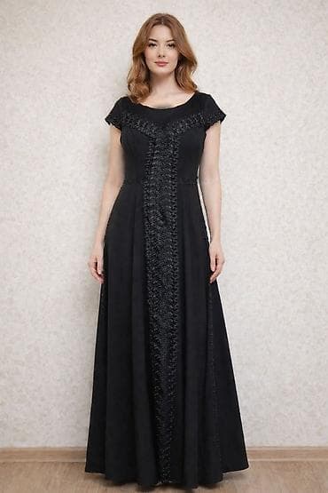 Qara rəngli uzun ziyafət donu - Model: A-kəsim, yerə qədər uzunluq -