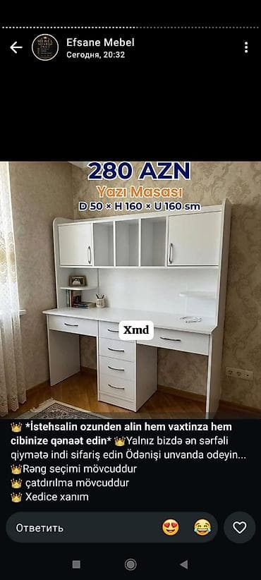 masa kafe: Yazı masası – 280 AZN Ölçülər: - Dərinlik: 50 sm - Hündürlük: 160 sm — 1