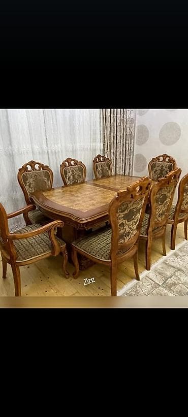 stollar ve stullar: Qonaq otağı üçün, İşlənmiş, Açılan, Dördbucaq masa, 8 stul — 2