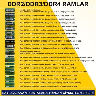 Kompüter ehtiyyat hissələri: RAMLAR (DDR2/DDR3/DDR4) SAYLA ALANA VƏ USTALARA TOPDAN QİYMƏTLƏ — 1