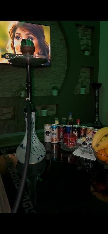 Nərgilə seti - Şüşə kolba: qalın, dayanıqlı şüşədən, ağ-mavi naxışlı