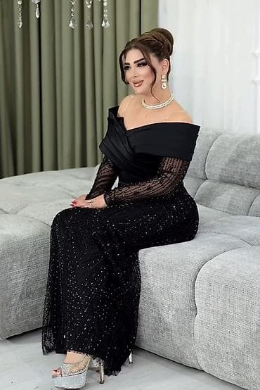 Zərif gecə/libas – qara rəngdə uzun ziyafət donu - Model: çiyinlər