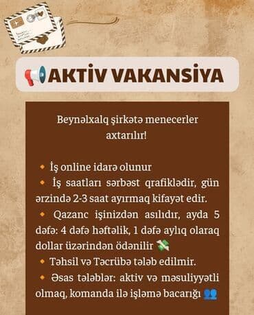 dərzi tələb: Satış meneceri tələb olunur, İstənilən yaş, Təcrübəsiz, Həftəlik ödəniş — 1