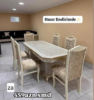 kunc divanl: Zərif klassik üslubda yemək dəsti - Dəst: 1 stol + 6 stul - Rəng və — 1