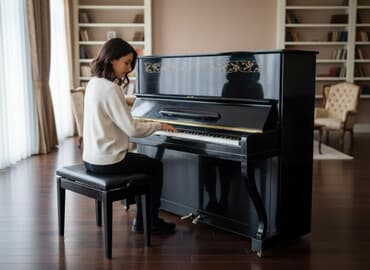 simli alətlər: Şaquli pianino – klassik qara korpus, üst paneldə qızılı ornamentlər — 1