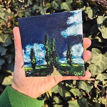 Velosiped ehtiyyat hissələri: Mini akril boya tablo – “Səksərən səmalar və selvi ağacları” - Ölçü — 3