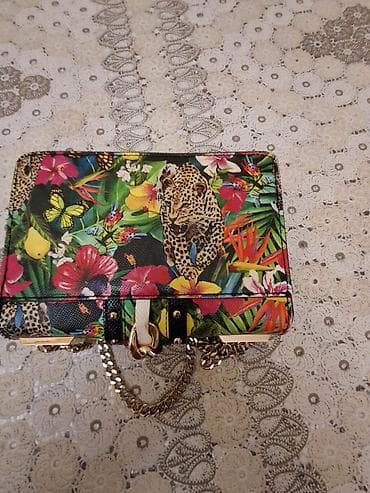 Rəngarəng naxışlı qadın çantası – tropik flora və leopard motivləri