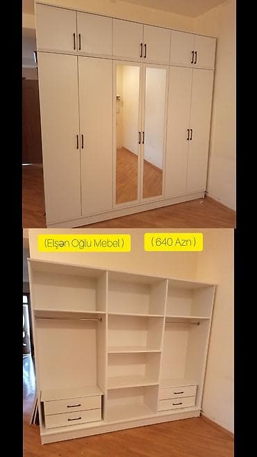 Yeni, 6 qapı, Güzgülü, Ağ, Digər material, Açılan, Düz dolab