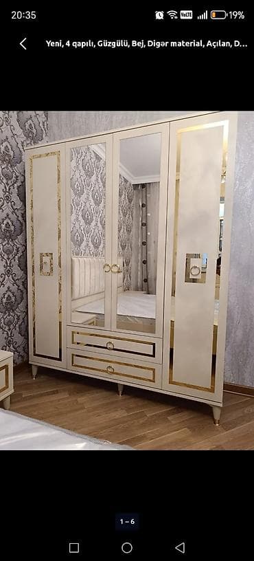 Yeni, 4 qapılı, Güzgülü, Bej, Digər material, Açılan, Düz dolab