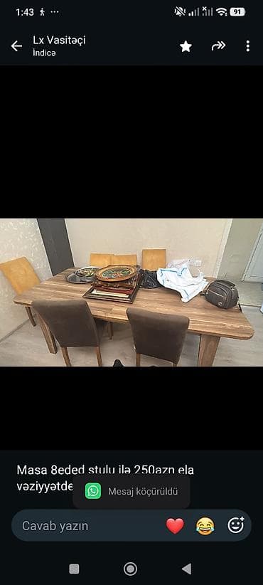 Masa 8eded stulu ilə 250azn ela vəziyyətde ünvan Masazir(Lx)