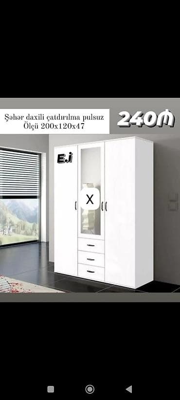 Ağ rəngli 3 qapılı garderob şkaf - Ölçü: 200 x 120 x 47 sm - Ön