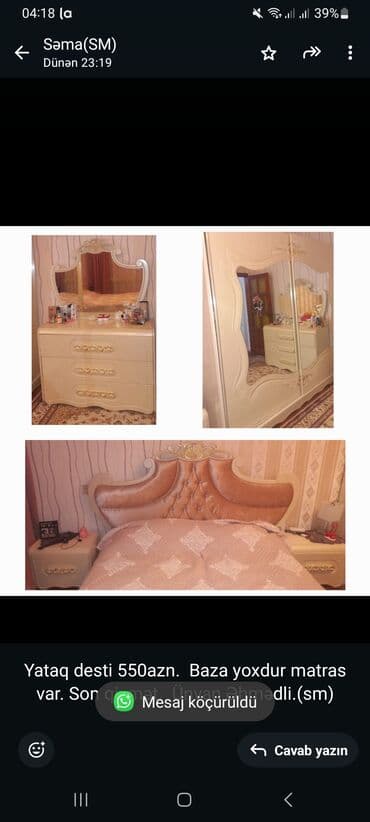 karaca ehmedli: Yataq desti 550azn. Baza yoxdur matras var. Son qiymət. Ünvan — 1