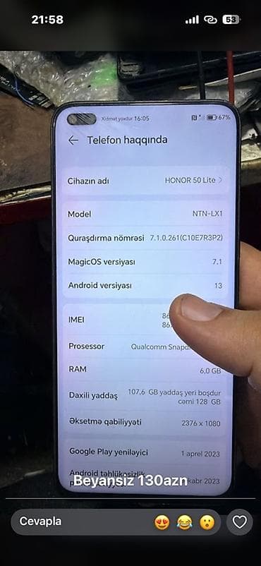 honor 8 s: Honor 50 Lite, 128 GB, rəng - Qara — 2