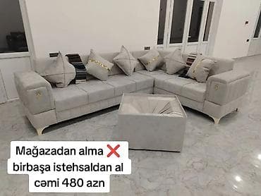 armud puf: Künc divan dəsti – müasir dizaynlı, açıq boz rəngdə, yumşaq — 1