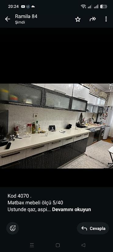 Kod 4070 . Mətbəx mebeli ölçü 5/40 Ustunde qaz, aspirator verilir