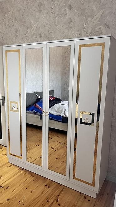 șkaf: Yeni, 4 qapılı, Güzgülü, Ağ, Digər material, Açılan, Düz dolab — 1