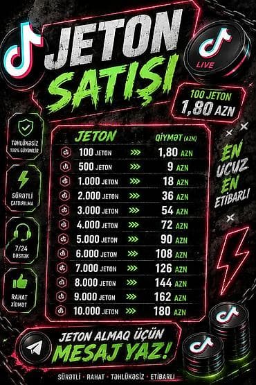 TikTok Jeton Satışı • 100 jeton = 1,80 AZN • 500 jeton – 9 AZN •