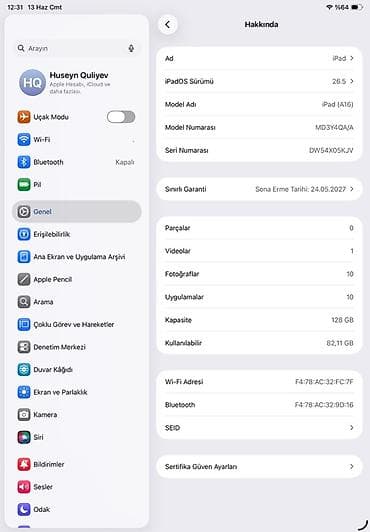 iphone adapter usb: Apple iPad (A16) – 128 GB, Wi‑Fi Xüsusiyyətlər: - Model: iPad (A16) - — 2