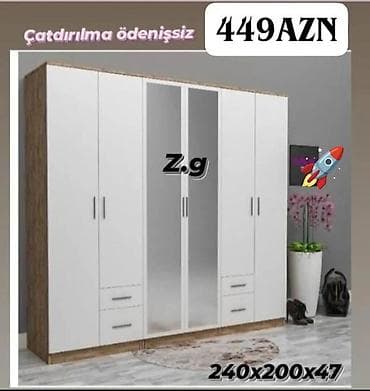 4 qapılı, Güzgülü, Ağ, Taxta, Açılan, Düz dolab