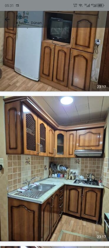 Mətbəx mebeli dəsti - Klassik üslubda, qəhvəyi ağac tonlarında üst və