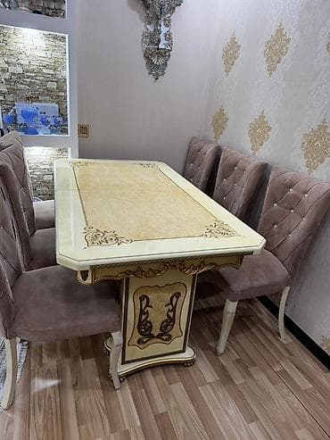 kuxna bebeli: Qonaq otağı üçün, İşlənmiş, Açılmayan, Dördbucaq masa, 6 stul — 1