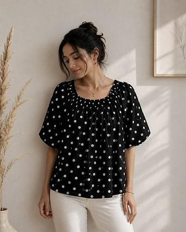 https smart ady az: Qara-ağ “polka dot” naxışlı qadın bluzası - Model: elastik büzgülü — 3