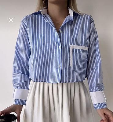 ucuz geyimlər: Mavi-ağ zolaqlı qadın köynəyi - Dizayn: Düz şaquli zolaqlar, qısa — 3