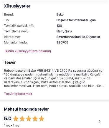 Beko RoboSmart RS6500 robot-tozsoran - Təyinat: döşəmələrin — 2