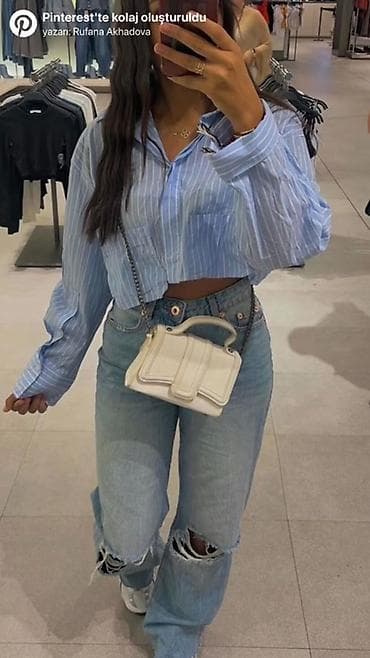 crop geyim: Cins şalvar - Rəng: açıq mavi denim - Kəsim: düz/relaxed fit, enli — 1