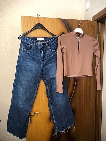 dest paltar: Qadın geyim dəsti - Yüksək belli, geniş kəsimli göy cins şalvar: - — 2