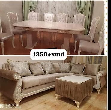 Klassik üslubda dəst mebel - Yemək masası və 6 ədəd stul: Açıq krem
