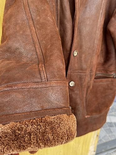 tap az kaska: Kişi üçün qəhvəyi rəngli kürklü dəri palto - Material: qalın təbii — 8