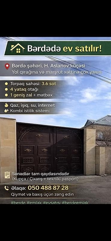 sumqayıt ev alqı satqısı 2018: Bərdədə ev satılır! Yer: Bərdə şəhəri, H. Aslanov küçəsi — yol — 1