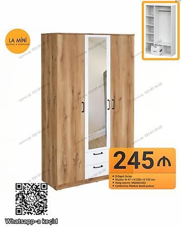 3 qapılı şkaf - Material və dizayn: Təbii ağac teksturalı korpus, ağ