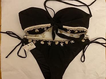 strap: Qaralar rəngli bəzəkli iki hissəli bikini dəsti - Üst: Straplı — 2