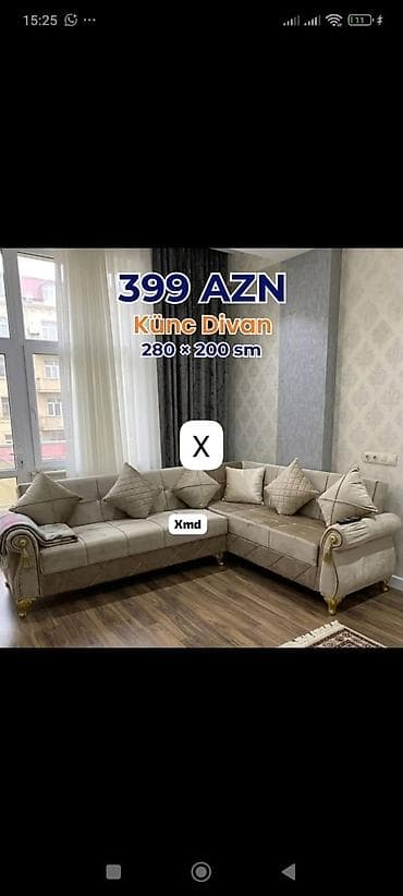 Künc divan – 280 × 200 sm - Zövqlü klassik-modern dizayn, qızılı