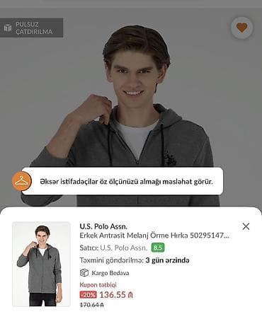polo canta: Svitşot, U.S. Polo Assn, 2XL, rəng - Boz — 2