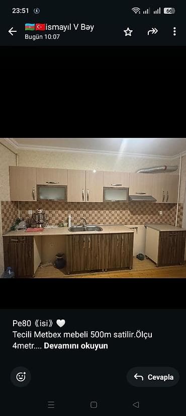 Pe80《isi》🤍 Tecili Metbex mebeli 500m satilir.Ölçu 4metr. Üzerinde