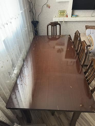 taxta stul stol: Qonaq otağı üçün, İşlənmiş, Açılmayan, Dördbucaq masa, 6 stul — 5