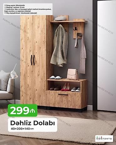 oturaca: Dəhliz dolabı – 40×200×140 sm Tərkib və xüsusiyyətlər: - Material: 18 — 1