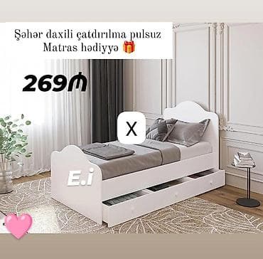 tek krafat: Ağ rəngli tək nəfərlik çarpayı – alt hissədə 3 çekmecəli geniş saxlama — 1
