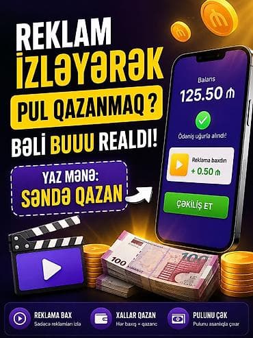 reklam izle pul qazan: Xidmət: Reklamlara baxaraq pul qazanma tətbiqi Təsvir: - Mobil tətbiq — 1