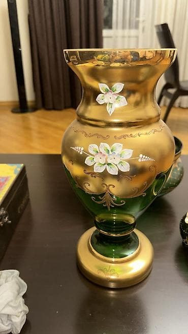 qab setkasi: Bohlu və dekorativ şüşə dəsti - Yaşıl və qızılı tonlarda, əl işçiliyi — 5