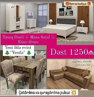masa desdi: Yataq dəsti + Künc divan+ Masa dəsti __Cəmi 1250Azn💥 ✔️Matras hədiyyə — 1