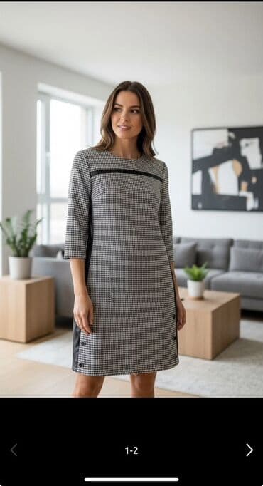 Qadın paltarı – xırda qara-ağ “hanstooth” (qağayılı) naxışlı, düz — 1